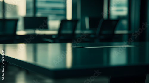 Empty office desk with vacant chairs and monitors, symbolizing layoffs and workplace downsizing. Concept of job loss, corporate restructuring, and economic uncertainty in modern business environment. photo