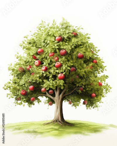 Verdant Apple Tree Loaded with Ripe Red Fruit Standing Tall on Grassy Hill on Bright Day Artwork