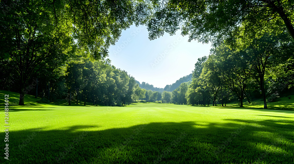 Fototapeta premium Sunny park, green grass, trees, sunlight, peaceful landscape, nature background, website banner