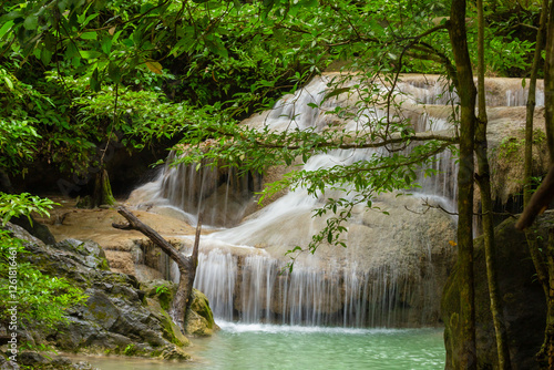 TheErawanWaterfall is widely(7 steps) considered to be here is the biggest and most beautiful waterfall, We can swim like we are in a blue pond located in Kanchanaburi,Thailand 