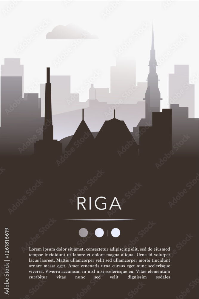 Fototapeta premium Riga city template for website, presentation, front page, invitation, publication sheet with skyline, landmarks. Vector Latvia image layout, simple and grayscale