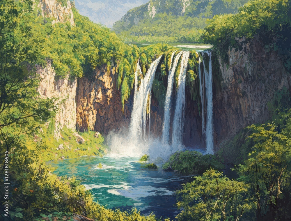 Naklejka premium Majestic Waterfall Cascading Through Lush Green Forest in Bright Sunlight