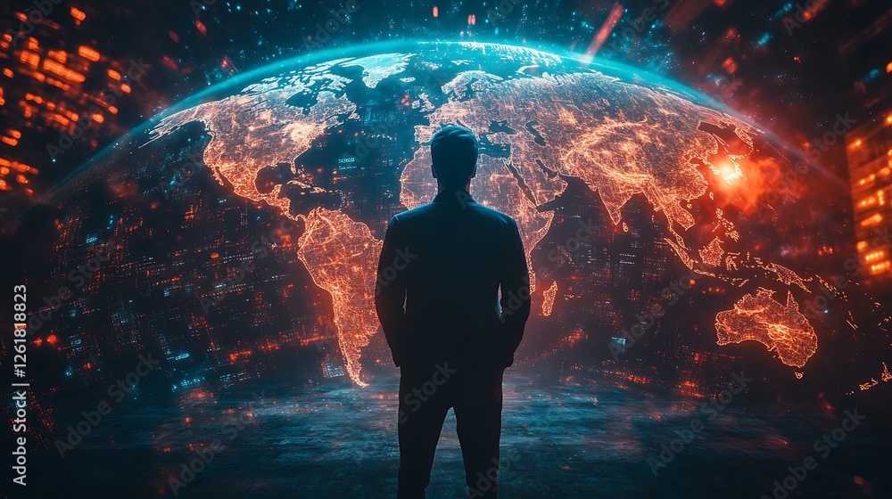 A confident entrepreneur standing before a digitalized world map, double exposure with a vibrant, glowing Earth, pulsating with global trade routes and blockchain symbols, hyper-realistic textures, A confident entrepreneur standing before a digitalized world map, double exposure with a vibrant, glowing Earth, pulsating with global trade routes and blockchain symbols, hyper-realistic textures,