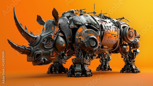 Mechanical Rhino:  A futuristic, metallic rhinoceros, crafted with intricate details, stands imposingly against an orange backdrop. This 3D rendered image is a perfect blend of power and technology.