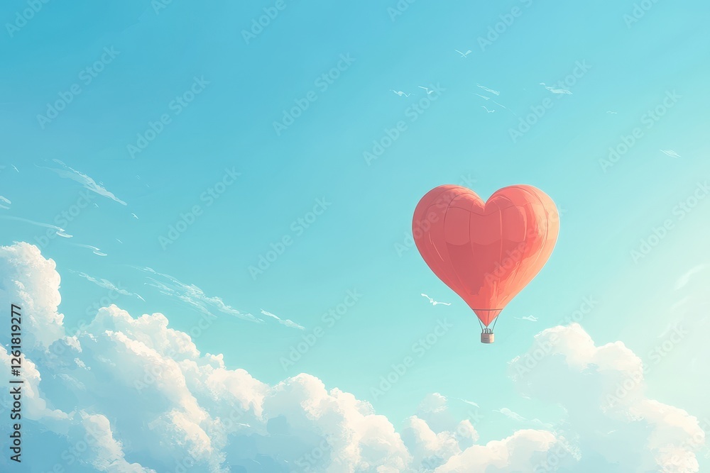 Fototapeta premium Heart Shaped Hot Air Balloon Floating Above Fluffy White Clouds In A Bright Blue Sky