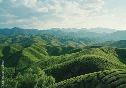 Lush Green Rolling Hills Under Blue Sky with Sunlight in a Scenic Landscape