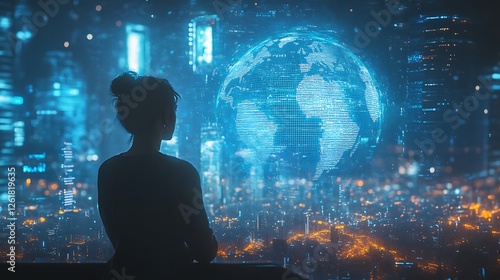 A digital economy strategist analyzing a glowing AI-powered city model, double exposure with a luminous Earth grid, futuristic skyscrapers displaying financial projections, ultra-crisp,
