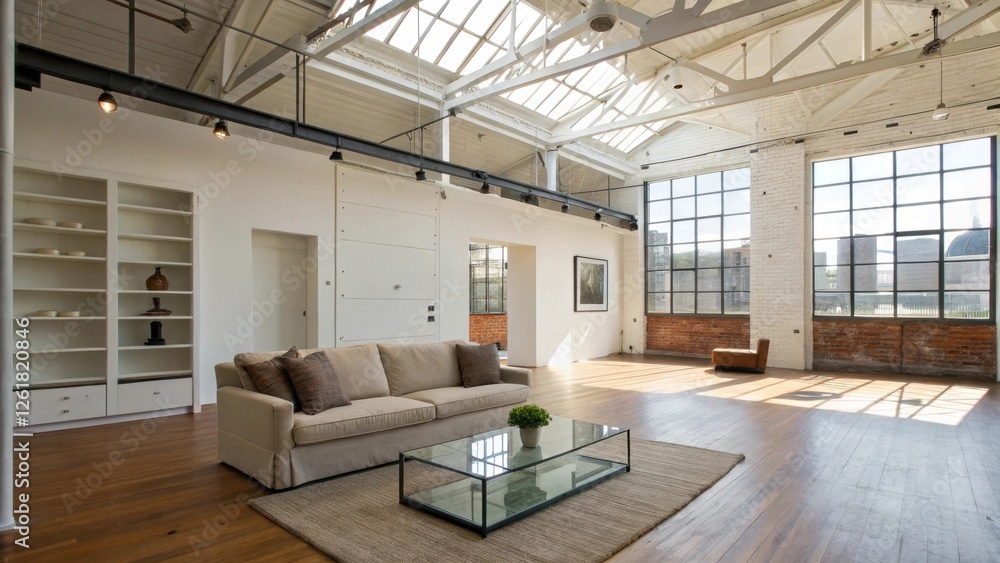 Fototapeta premium A bright, modern living space featuring a spacious sofa, large windows, and minimalist decor, highlighting an airy and open atmosphere.