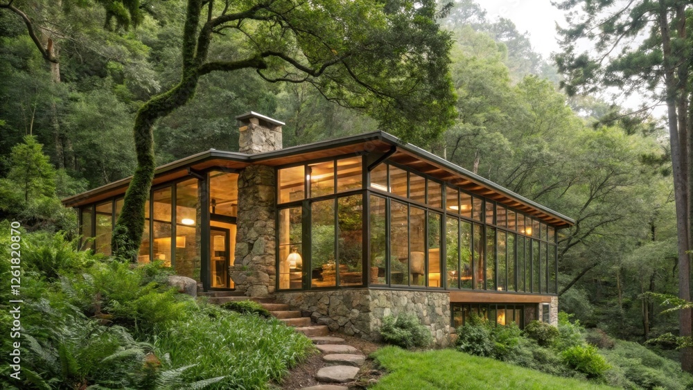 A modern, glass-walled cabin nestled in a lush forest, featuring a stone chimney and surrounded by greenery, evoking a serene, natural atmosphere. A modern, glass-walled cabin nestled in a lush forest, featuring a stone chimney and surrounded by greenery, evoking a serene, natural atmosphere.