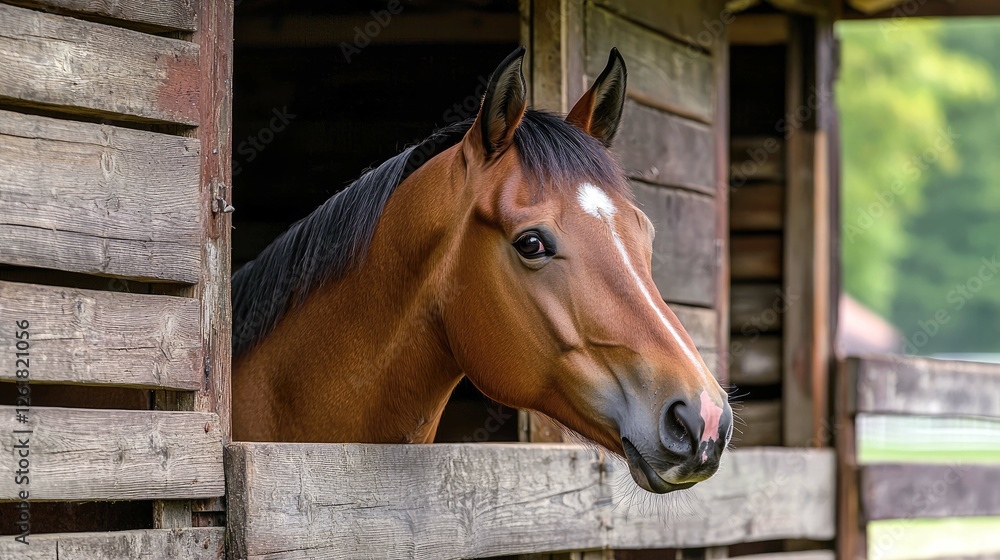 Obraz premium Majestic Brown Horse Gazing from its Wooden Stable. A Captivating Portrait of Equine Beauty in a Rustic Setting