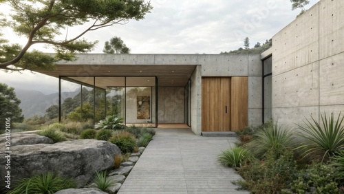 Wallpaper Mural A modern concrete house blends seamlessly with its natural surroundings, featuring a minimalist design and lush landscaping. Torontodigital.ca