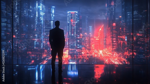 A global enterprise leader standing in a high-tech conference room  blended with a futuristic smart city skyline and AI-powered transportation networks  deep cyber-blue hues 