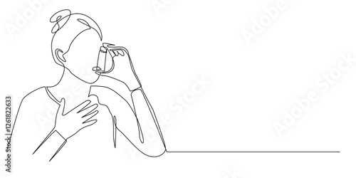 continuous line of woman inhaling steam while feeling asthma.one line drawing of woman having asthma and holding chest.single line vector illustration of health concept.isolated white background