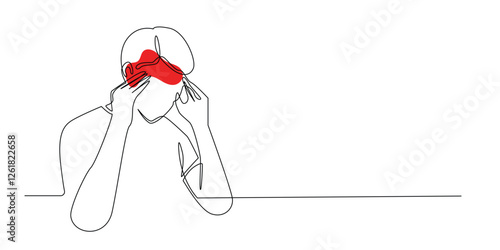 continuous line of man having headache.one line drawing of man holding his head with both hands.single line vector illustration of health concept.isolated white background