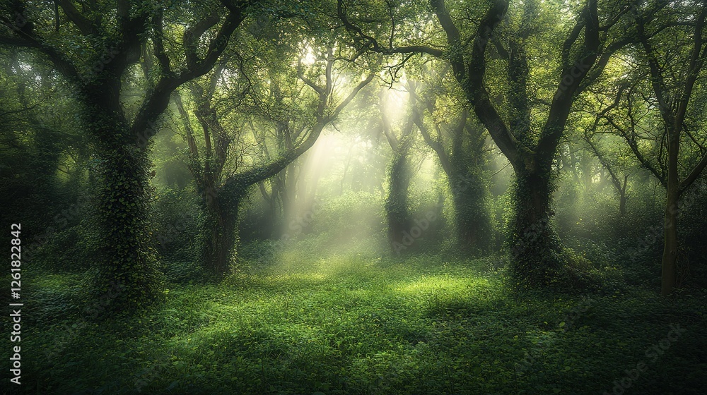 Fototapeta premium Sunlit Forest Path Mystical Green Trees