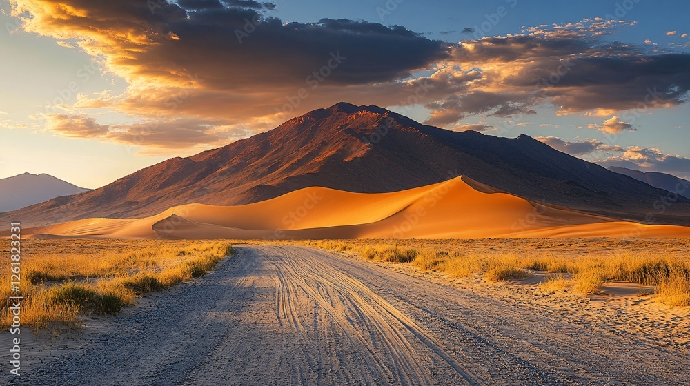 Obraz premium Desert Road Leading to Majestic Mountain at Sunset