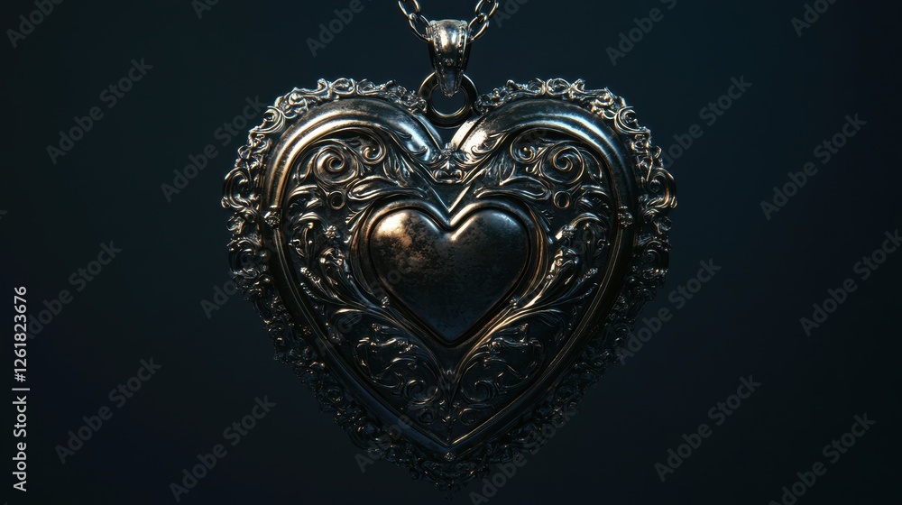 Fototapeta premium Ornate Silver Heart Pendant Necklace on Dark Background