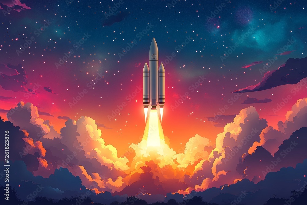 Fototapeta premium A futuristic vector illustration of a rocket launch, surrounded by vibrant cosmic clouds and a starry sky. The warm orange and deep blue hues create a dreamy, adventurous atmosphere of space