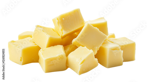 Minimalist composition featuring three stacked cubes of fresh butter on transparent png background. Ai generated