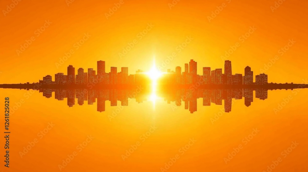 Obraz premium Cityscape sunrise reflection, calm water, orange sky, urban design
