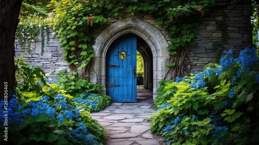 Fototapeta premium plants open blue door