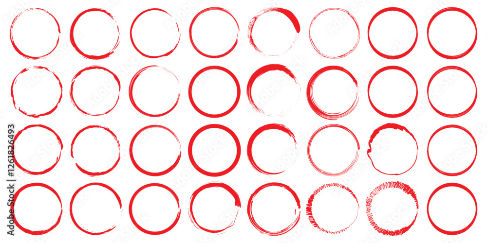 Vector set of grunge circle brush. Set of Red brush stroke circle vectors. Set of Red brush circle. Vector illustration isolated on white background. Brush circles. grunge circles. Brush circles . Vector set of grunge circle brush. Set of Red brush stroke circle vectors. Set of Red brush circle. Vector illustration isolated on white background. Brush circles. grunge circles. Brush circles .