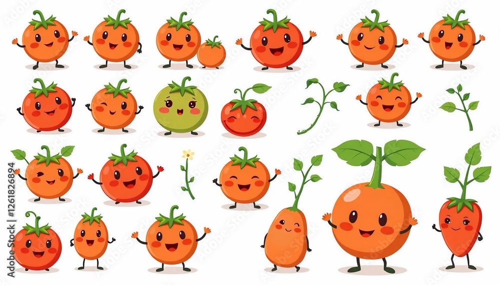 Fototapeta premium Adorable Cartoon Tomatoes Collection: A Delightful Set of Cute Tomato Characters in Various Poses and Stages of Growth