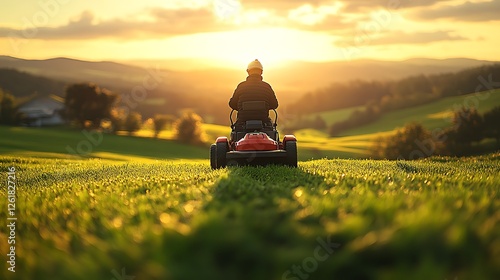 A dedicated landscaper riding a powerful commercial mower across an expansive green field, the sun casting warm golden light, fresh-cut grass forming perfect patterns,