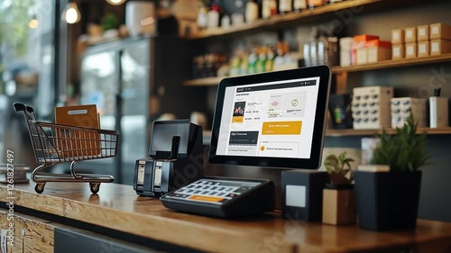 Retail POS System: Modern point of sale system on a wooden counter in a stylish retail store.  A small shopping cart is in the foreground.