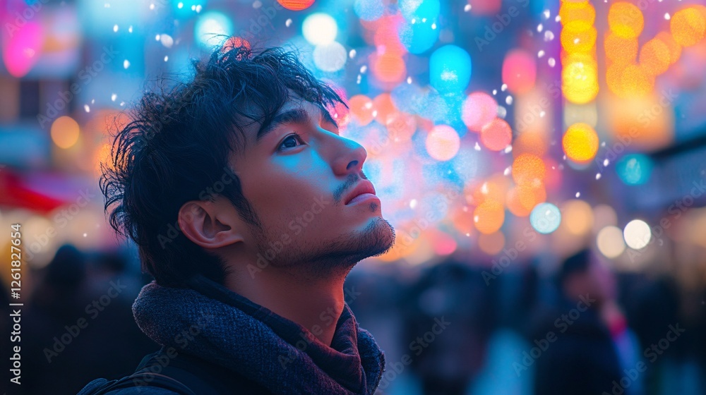 Young Man Gazing Upwards City Lights Snow Young Man Gazing Upwards City Lights Snow