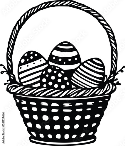 Easter basket with polka dot and striped pattern eggs in a black and white silhouette, featuring a clean minimalist vector design