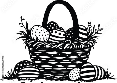 Easter basket with polka dot and striped pattern eggs in a black and white silhouette, featuring a clean minimalist vector design