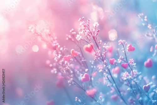 Pastel Pink and Blue Flowers with Heart Shapes in Soft Sunlight