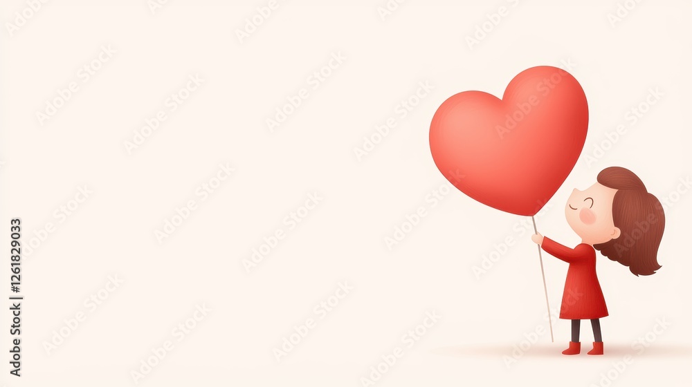 A cheerful girl in a red dress joyfully holds a large red heart balloon against a light background, symbolizing love and happiness. A cheerful girl in a red dress joyfully holds a large red heart balloon against a light background, symbolizing love and happiness.