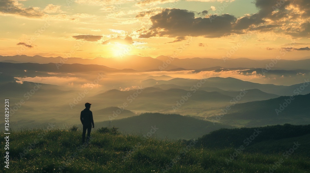 Silhouette of man watching a beautiful sunset in the mountains. Silhouette of man watching a beautiful sunset in the mountains.
