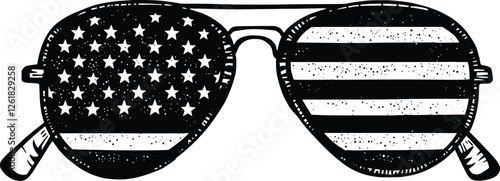 American flag sunglasses silhouette, patriotic aviator eyewear vector illustration, stars and stripes pattern, representing national pride, independence day