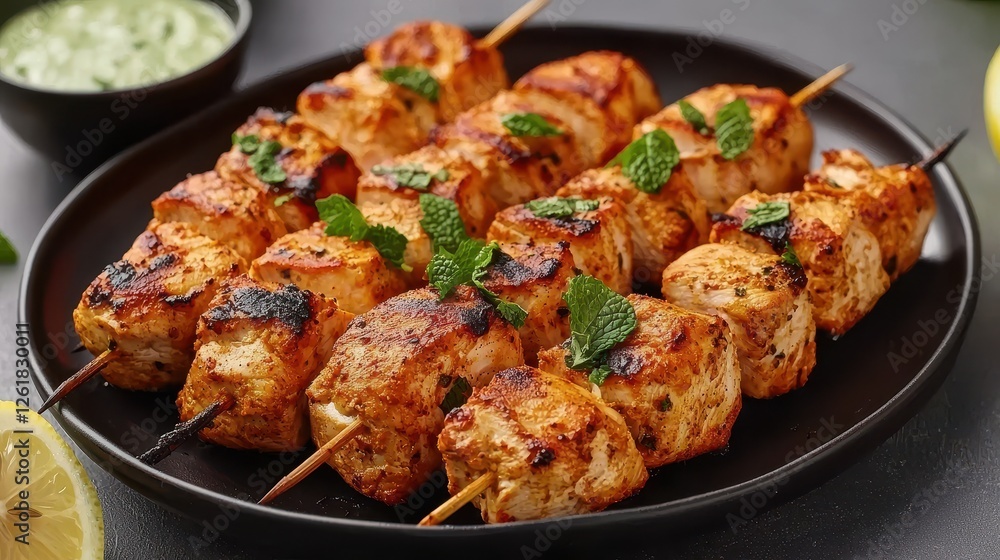 Grilled chicken tikka skewers garnished with herbs, served on a plate, accompanied by a side of sauce and lemon, presenting a delicious and appetizing meal. Grilled chicken tikka skewers garnished with herbs, served on a plate, accompanied by a side of sauce and lemon, presenting a delicious and appetizing meal.