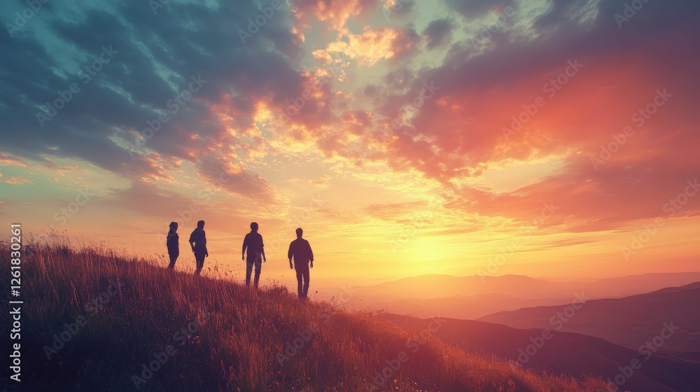 Fototapeta premium Silhouettes of four people standing on a hilltop watching the sunset, a colorful sky, together, happy, hopeful