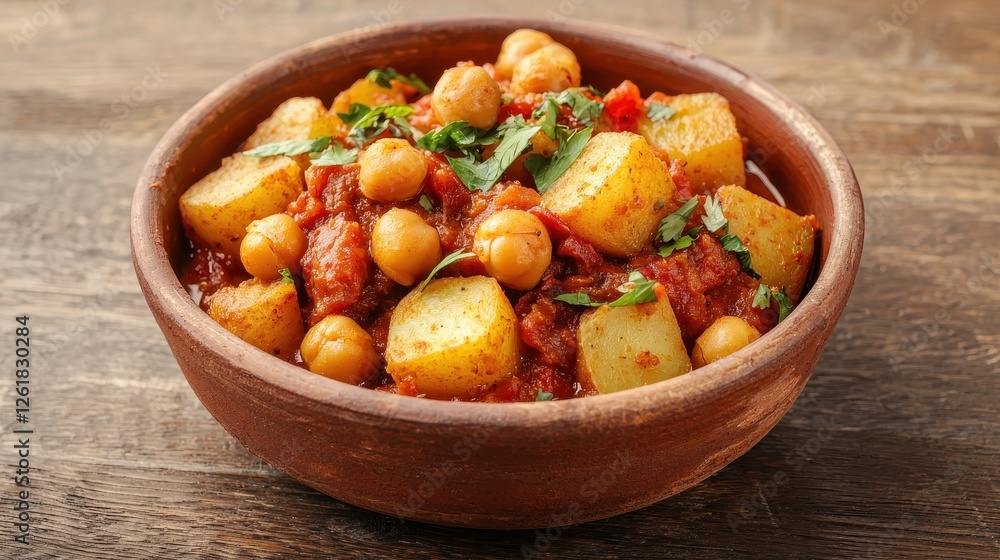 A vegetarian vindaloo of chickpeas and potatoes simmered in a spicy tomato sauce, garnished with fresh herbs, served in a rustic clay dish. A vegetarian vindaloo of chickpeas and potatoes simmered in a spicy tomato sauce, garnished with fresh herbs, served in a rustic clay dish.