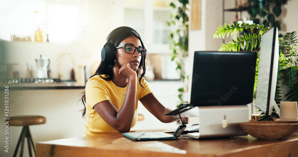 Laptop, music and problem solving with Indian woman in home office for graphic design of marketing campaign. Computer, headphones and remote work with freelance employee in apartment for publication Laptop, music and problem solving with Indian woman in home office for graphic design of marketing campaign. Computer, headphones and remote work with freelance employee in apartment for publication