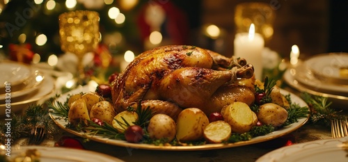 Roasted chicken, potatoes, Christmas dinner, festive table setting