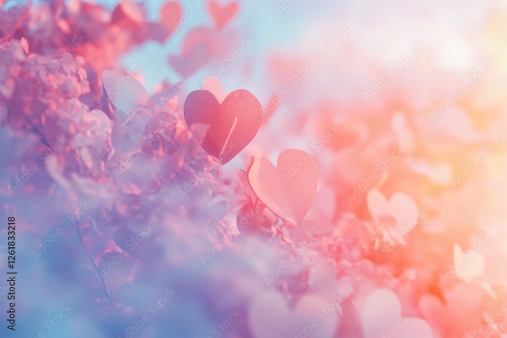 Fototapeta premium Pastel Pink and Red Heart Shaped Leaves Soft Focus Background