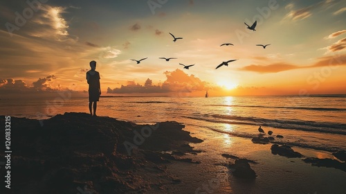A silhouette of a person standing on a rock overlooking a beautiful sunset over the ocean, with seagulls flying in the sky.
