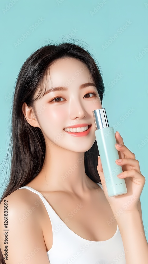 A stunning Korean woman with clear, glowing skin smiles warmly as she holds a bottle of luxury skincare serum close to her face. Generative AI A stunning Korean woman with clear, glowing skin smiles warmly as she holds a bottle of luxury skincare serum close to her face. Generative AI