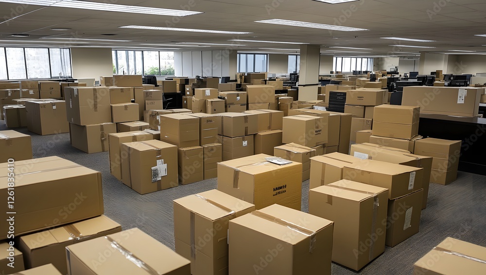 Office Relocation, Cardboard Boxes, Empty Space, Moving Day Office Relocation, Cardboard Boxes, Empty Space, Moving Day