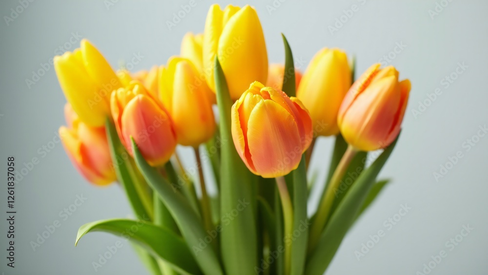 A bouquet of fresh tulips in a vase creates a fresh and cheerful atmosphere. The bright colors and glistening dew drops celebrate the elegance of spring flowers and their beauty in our lives. A bouquet of fresh tulips in a vase creates a fresh and cheerful atmosphere. The bright colors and glistening dew drops celebrate the elegance of spring flowers and their beauty in our lives.