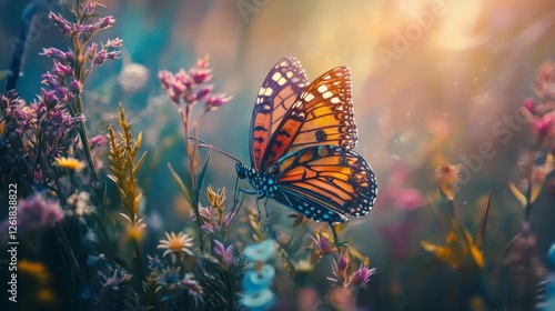Close up of a colorful butterfly on a flower in a sunny meadow.