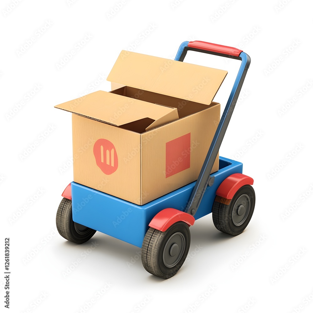 Cardboard box on small blue cart, isolated white background Cardboard box on small blue cart, isolated white background