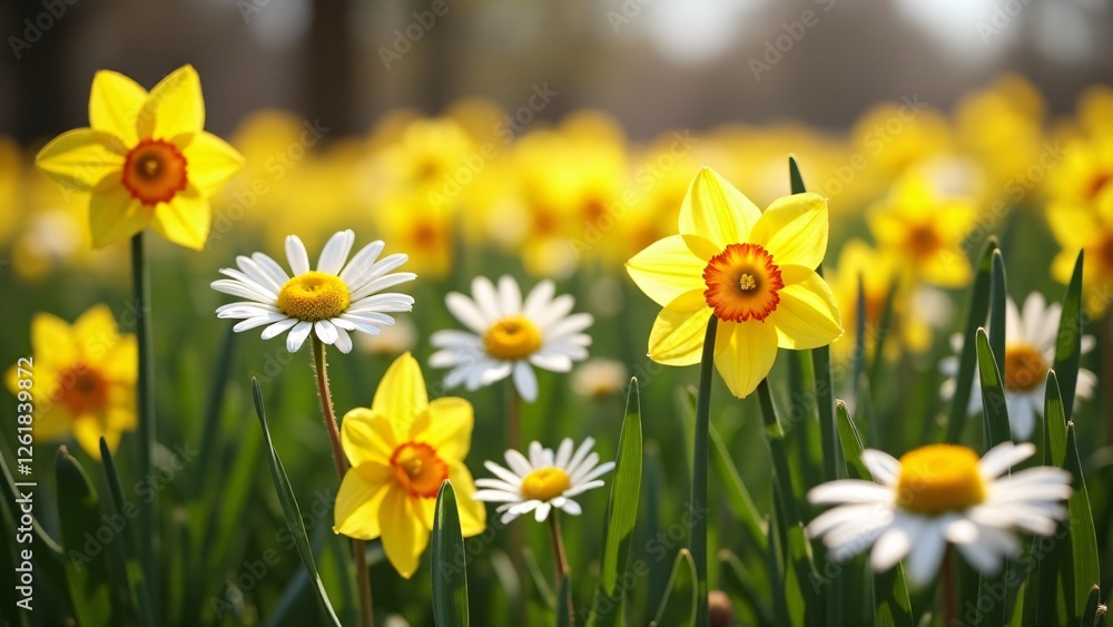 Fototapeta premium A garden filled with daffodils and daisies creates a cheerful and inviting atmosphere. The bright petals and lush surroundings celebrate the joy of spring and the happiness flowers bring.