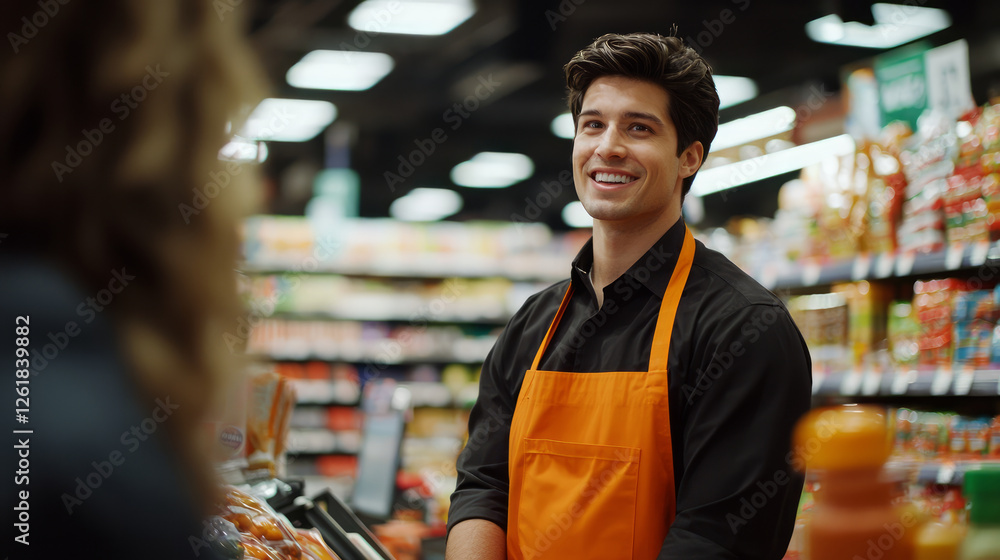 Fototapeta premium An attractive young man working in the retail store, wearing an orange apron, generative AI